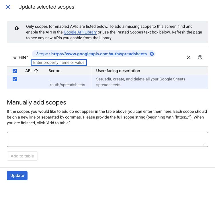 The Google Auth Platform scope picker filtered to the full-access Google Sheets scope