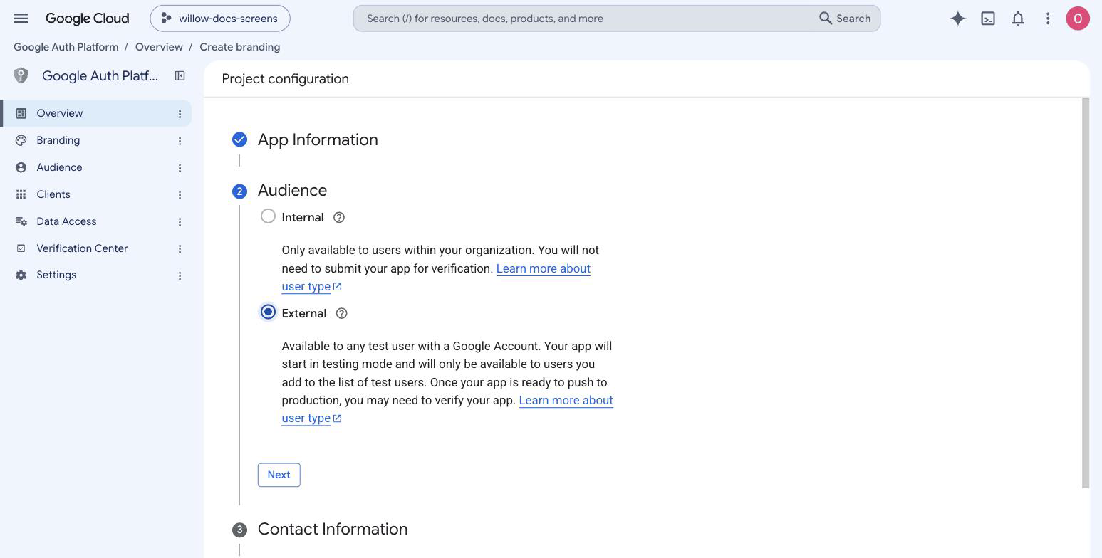 The first-run Google Auth Platform wizard on the Audience step with External selected
