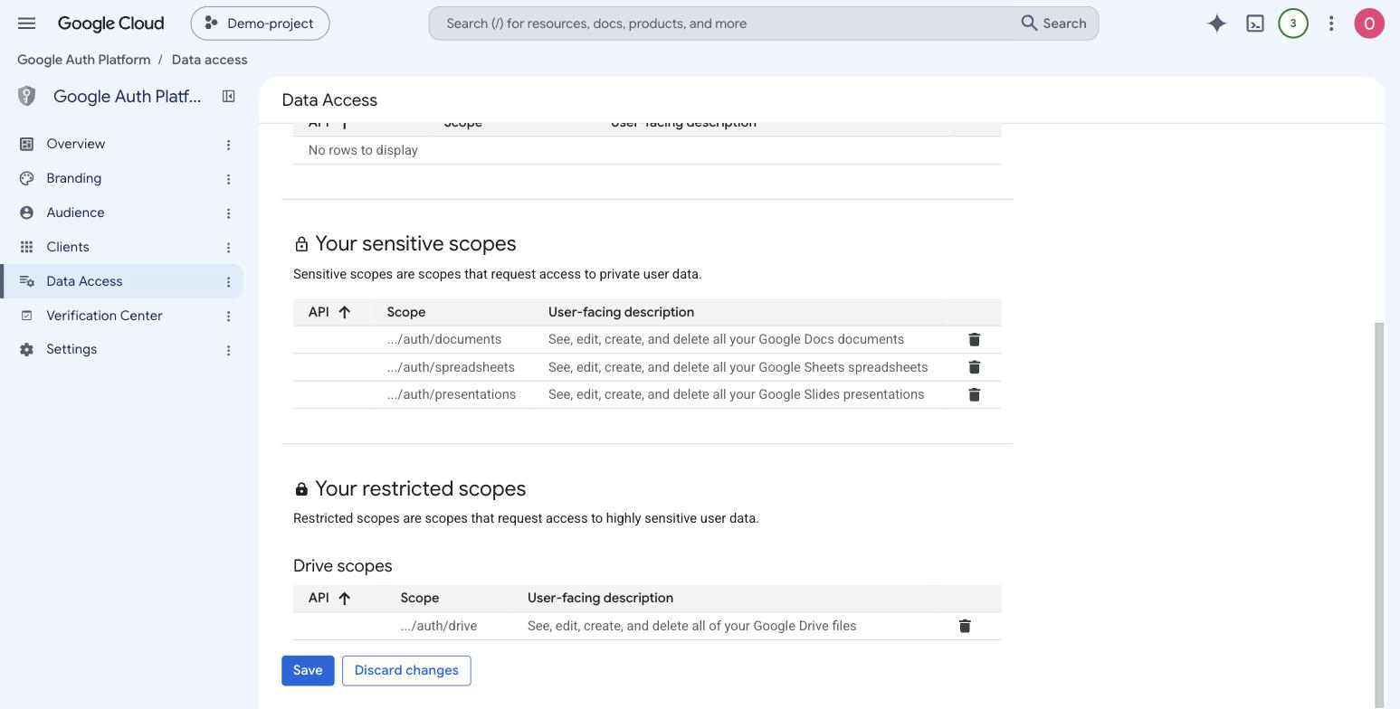 Data Access page listing documents, spreadsheets, and presentations as sensitive scopes and drive as a restricted scope