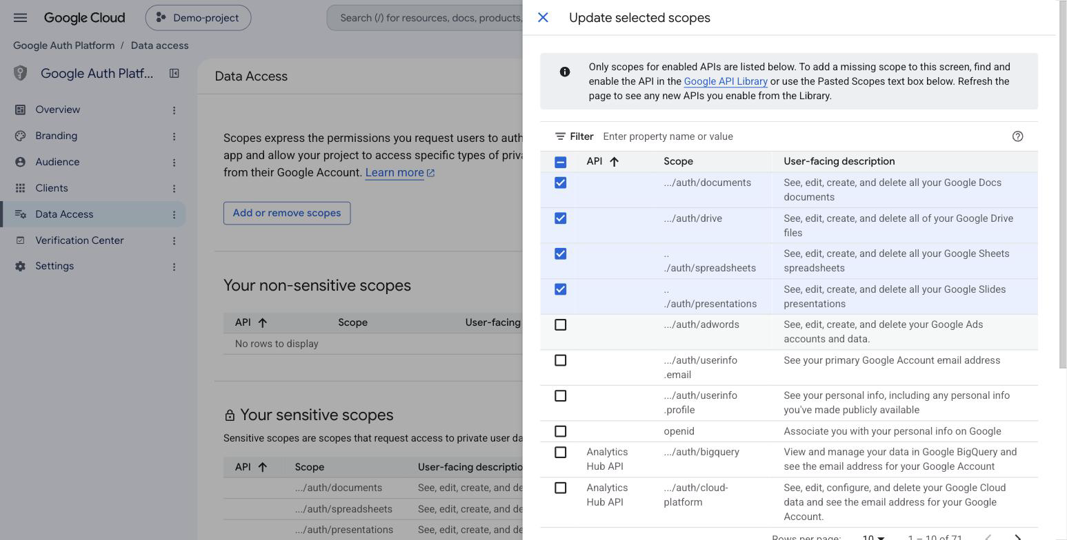 The scope picker with the documents, drive, spreadsheets, and presentations scopes checked
