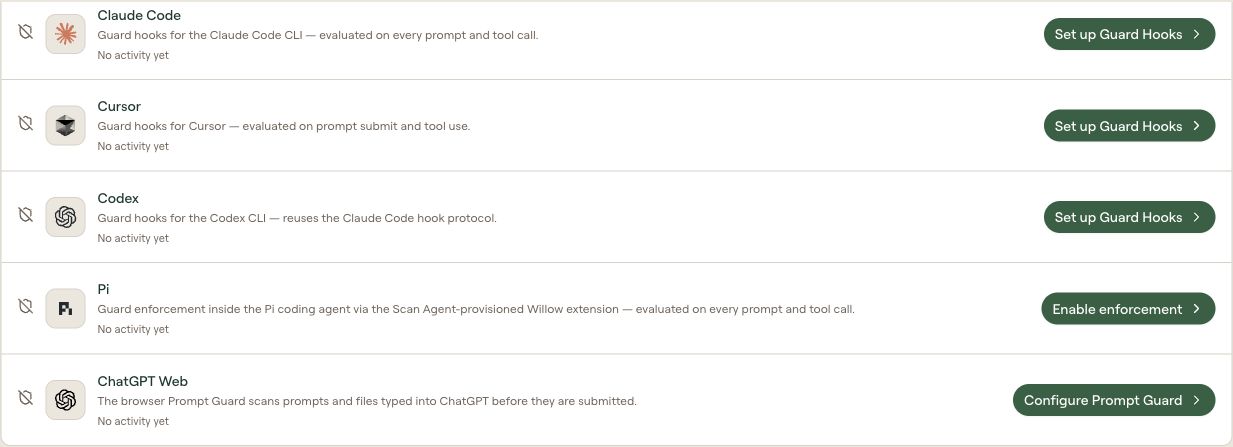 Agent coverage rows for Claude Code, Cursor, Codex, Pi, and ChatGPT Web, with their setup actions