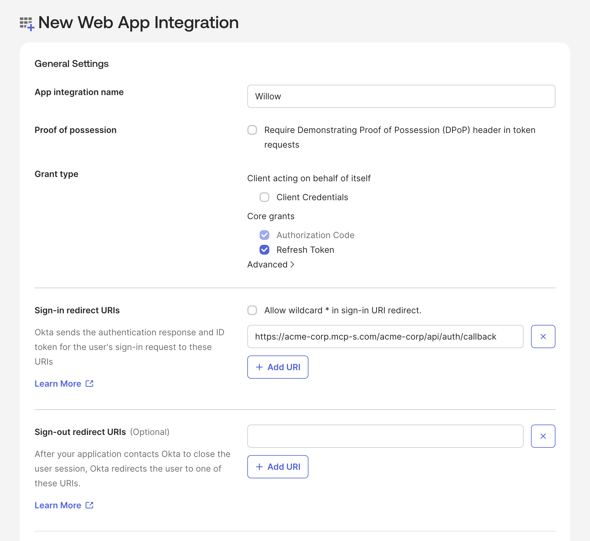 New Web App Integration general settings