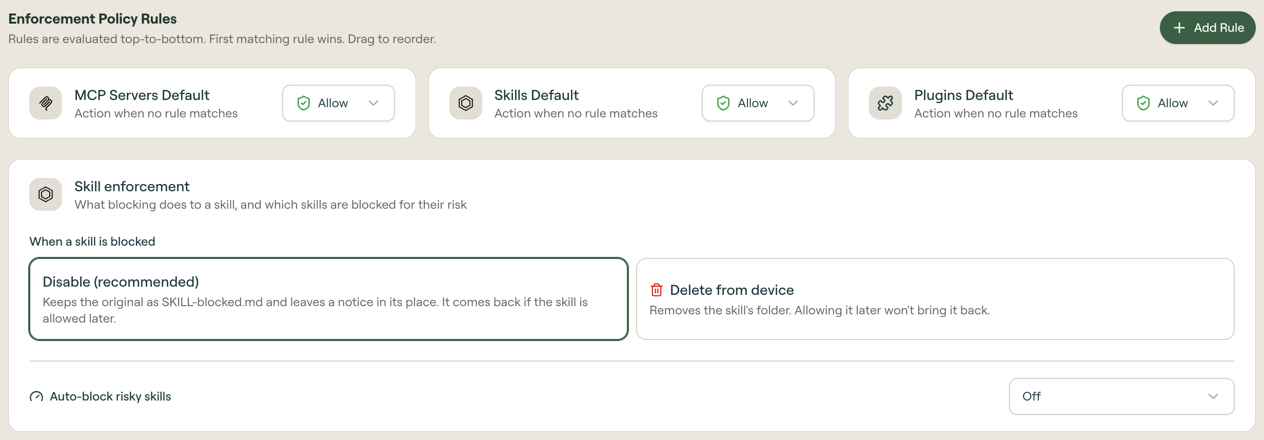 Policy defaults and Skill enforcement, with Disable selected and Auto-block risky skills off