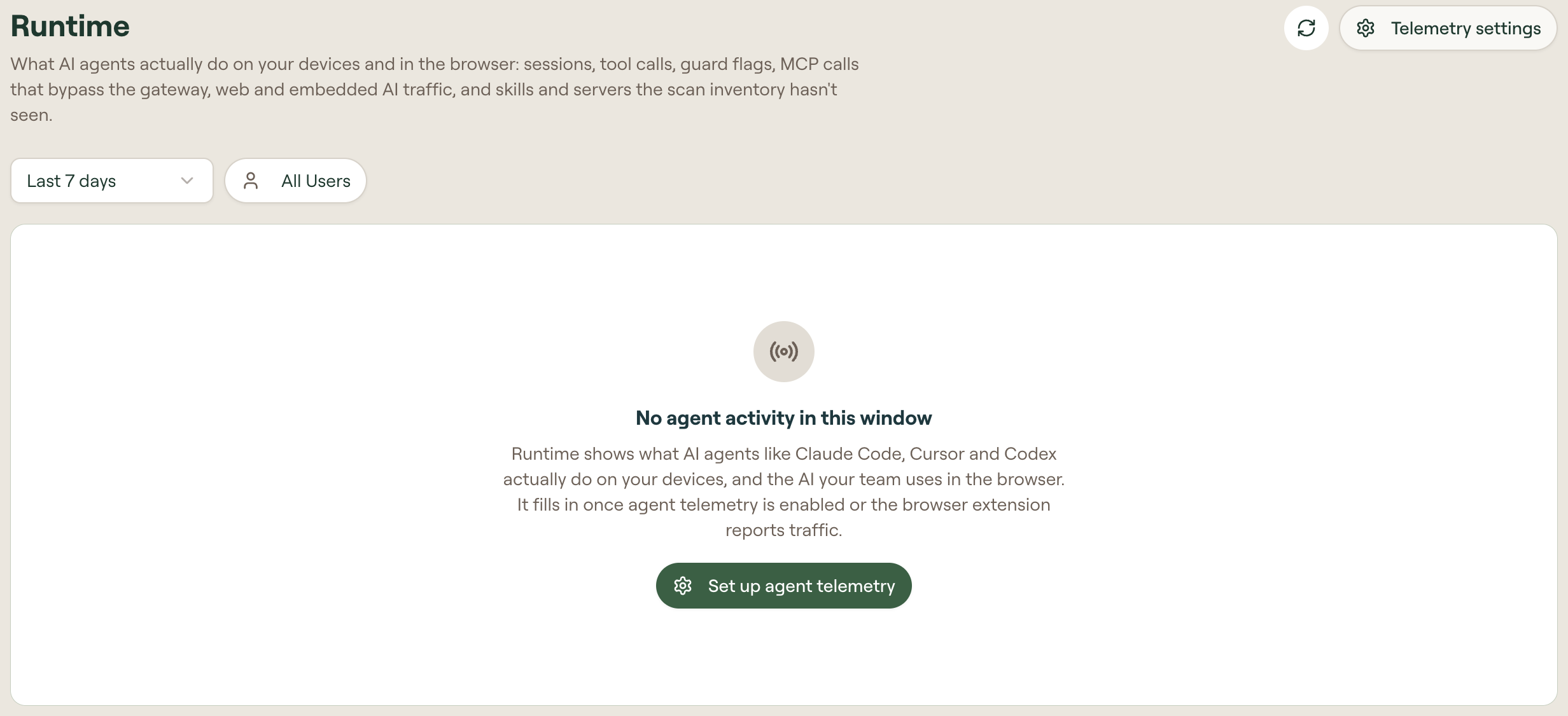 Runtime with its time and user filters, the No agent activity in this window state, and the Set up agent telemetry link