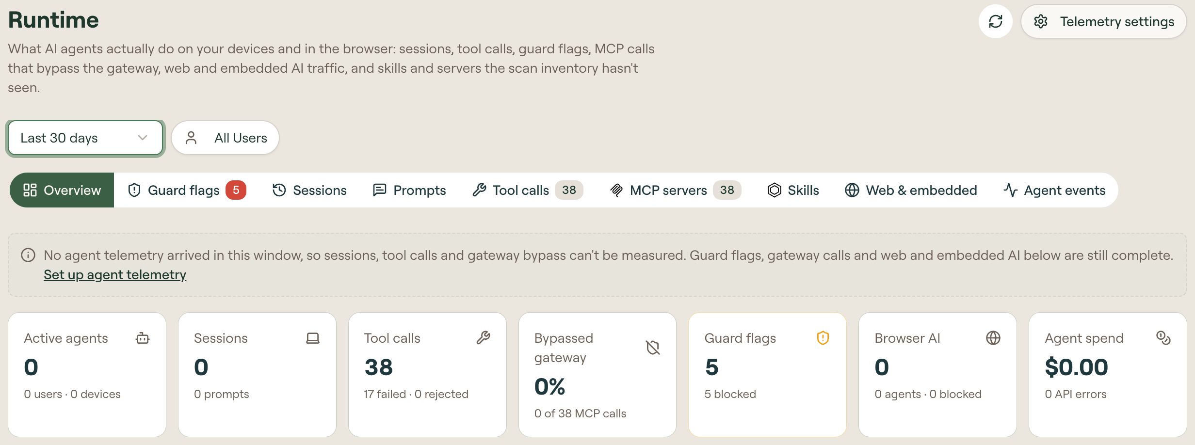 Runtime Overview with the activity tabs, source-coverage notice, and metric tiles