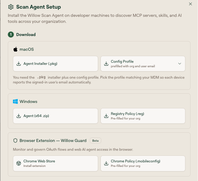 The Download step of the Scan Agent Setup modal, with macOS, Windows, and Browser Extension download buttons for the installer, config profile, and registry policy
