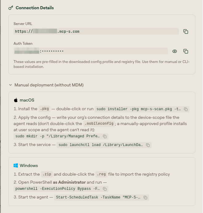 The Scan Agent Setup modal showing the Connection Details panel with Server URL and Auth Token, above the Manual deployment (without MDM) section with copyable macOS and Windows commands