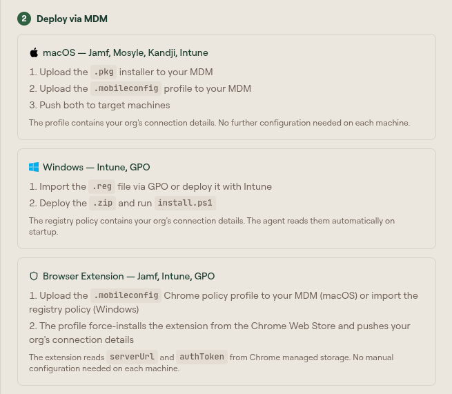 The Deploy via MDM section of the Scan Agent Setup modal, with macOS, Windows, and Browser Extension rollout steps for uploading the installer, profile, and registry policy to your MDM