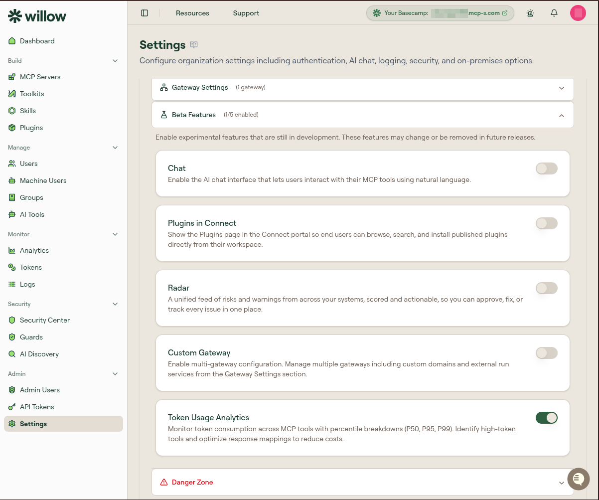 The Beta Features section of Settings, expanded to show the Chat, Radar, and Token Usage Analytics toggles