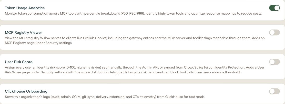 The Beta Features section of Settings, expanded to show the Token Usage Analytics, MCP Registry Viewer, User Risk Score, and ClickHouse Onboarding toggles