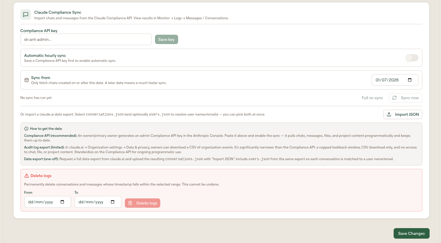 Claude Compliance Sync settings