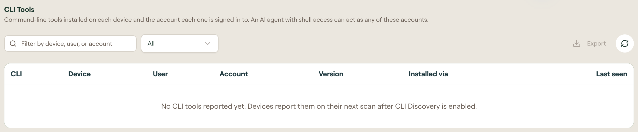 CLI Tools with device, user, and account search, a sign-in filter, table columns, and the empty state