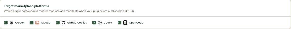 Target marketplace platforms with Cursor, Claude, GitHub Copilot, Codex, and OpenCode selected