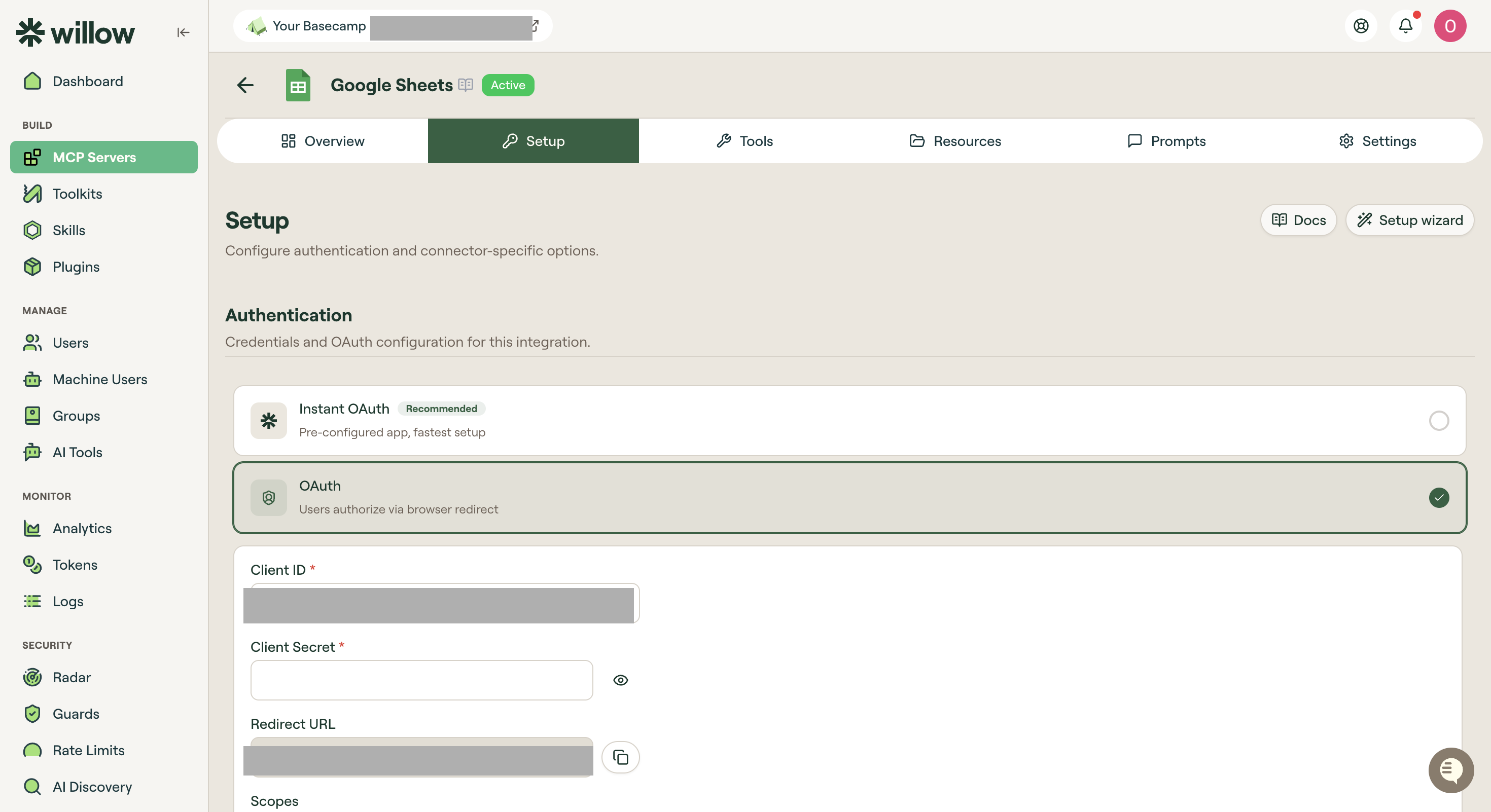 Google Sheets Setup tab in Willow with OAuth selected and Instant OAuth also available