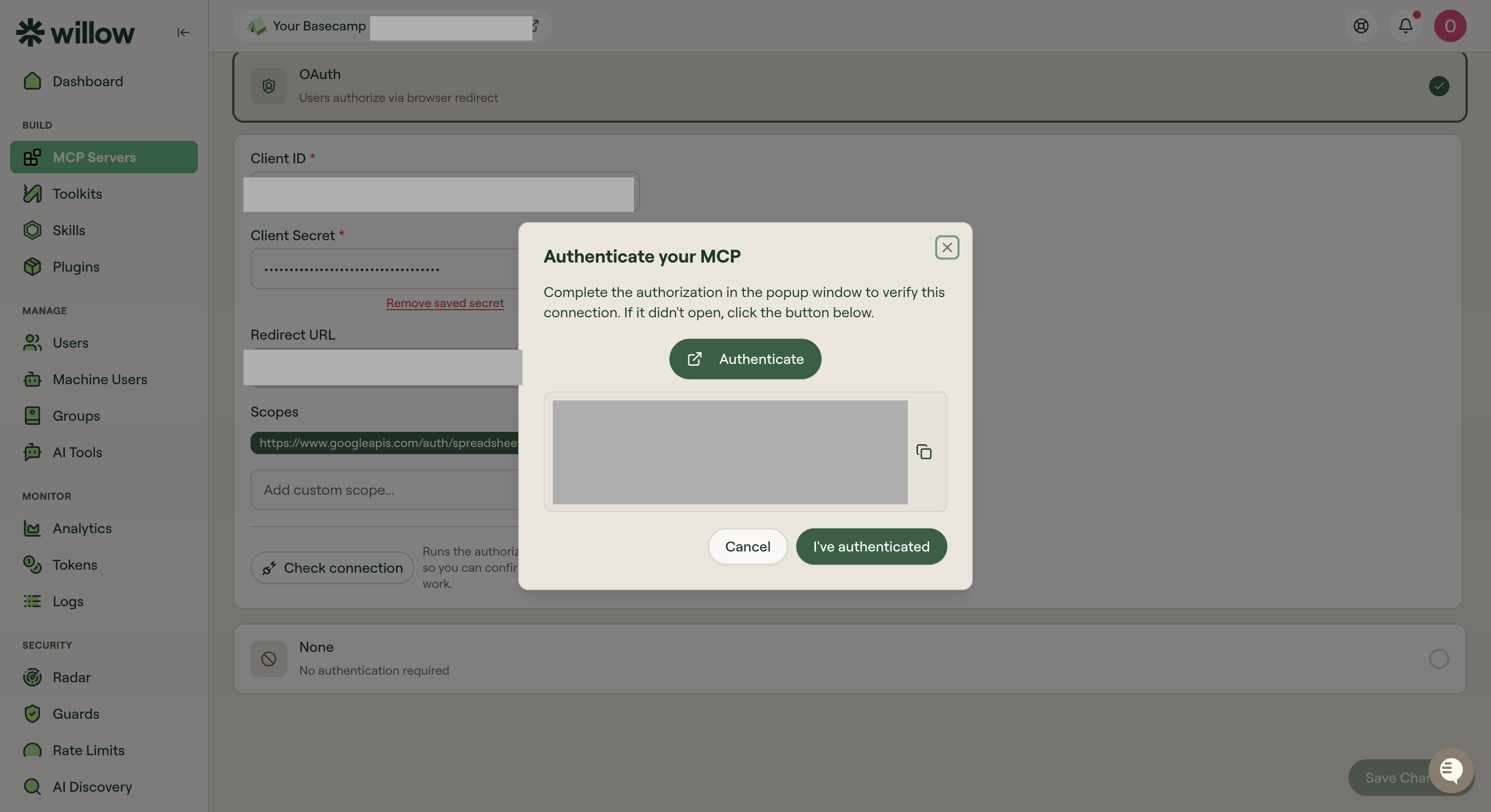 Google Sheets authentication dialog in Willow with Authenticate and I've authenticated buttons