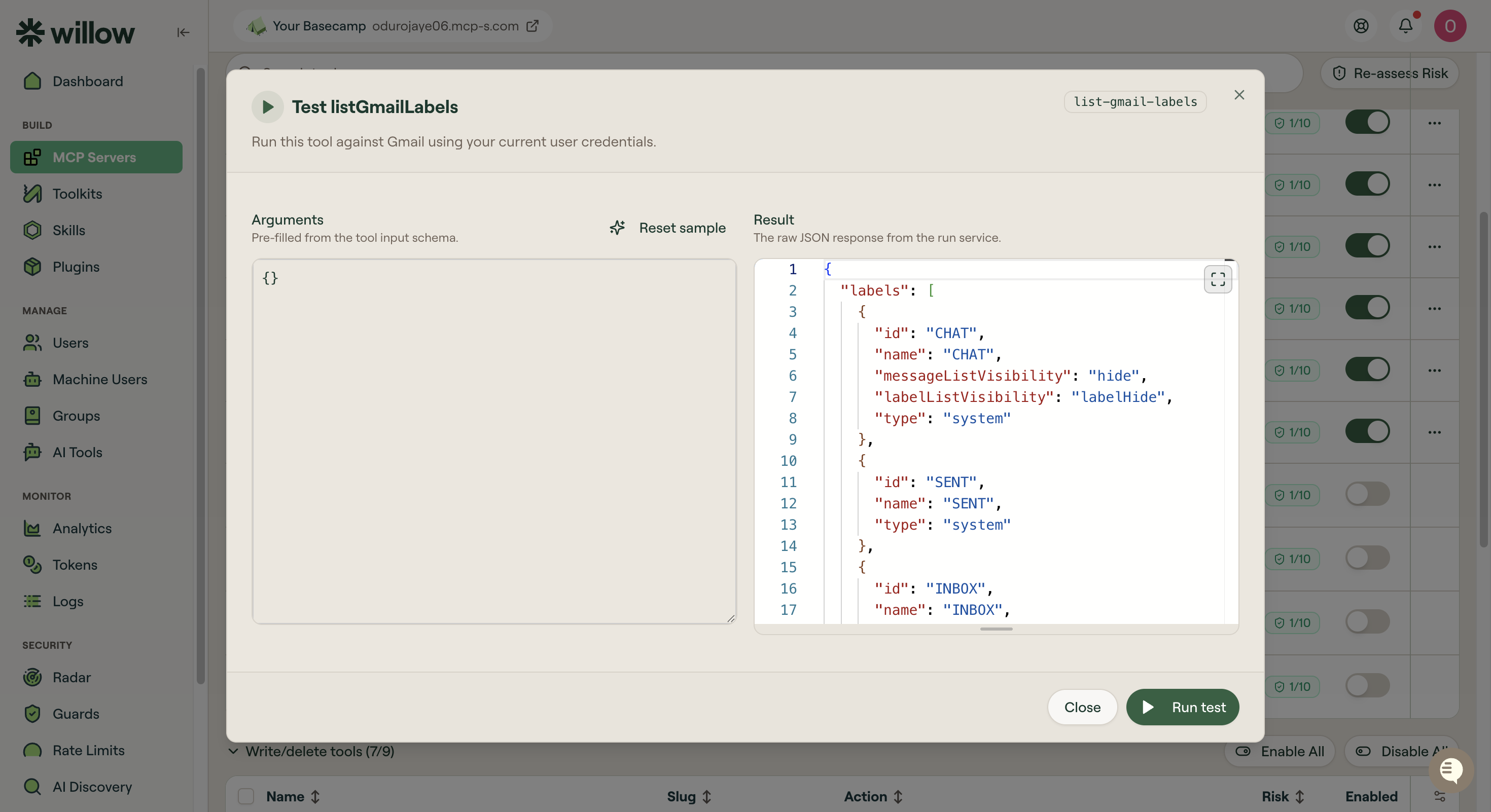 Gmail List Labels test in Willow returning Gmail label data as JSON
