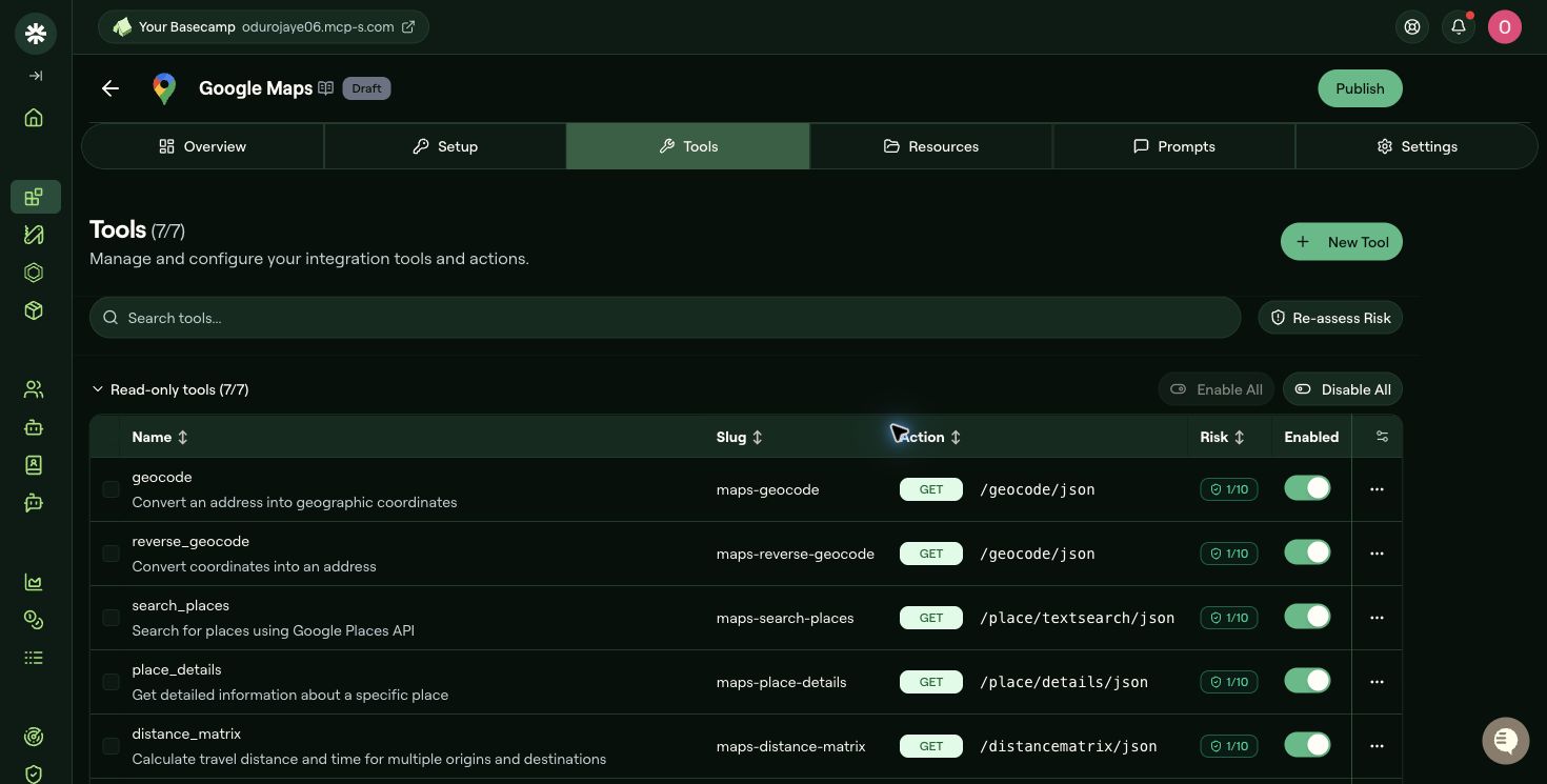 The Google Maps tools list in Willow showing the corrected legacy API routes