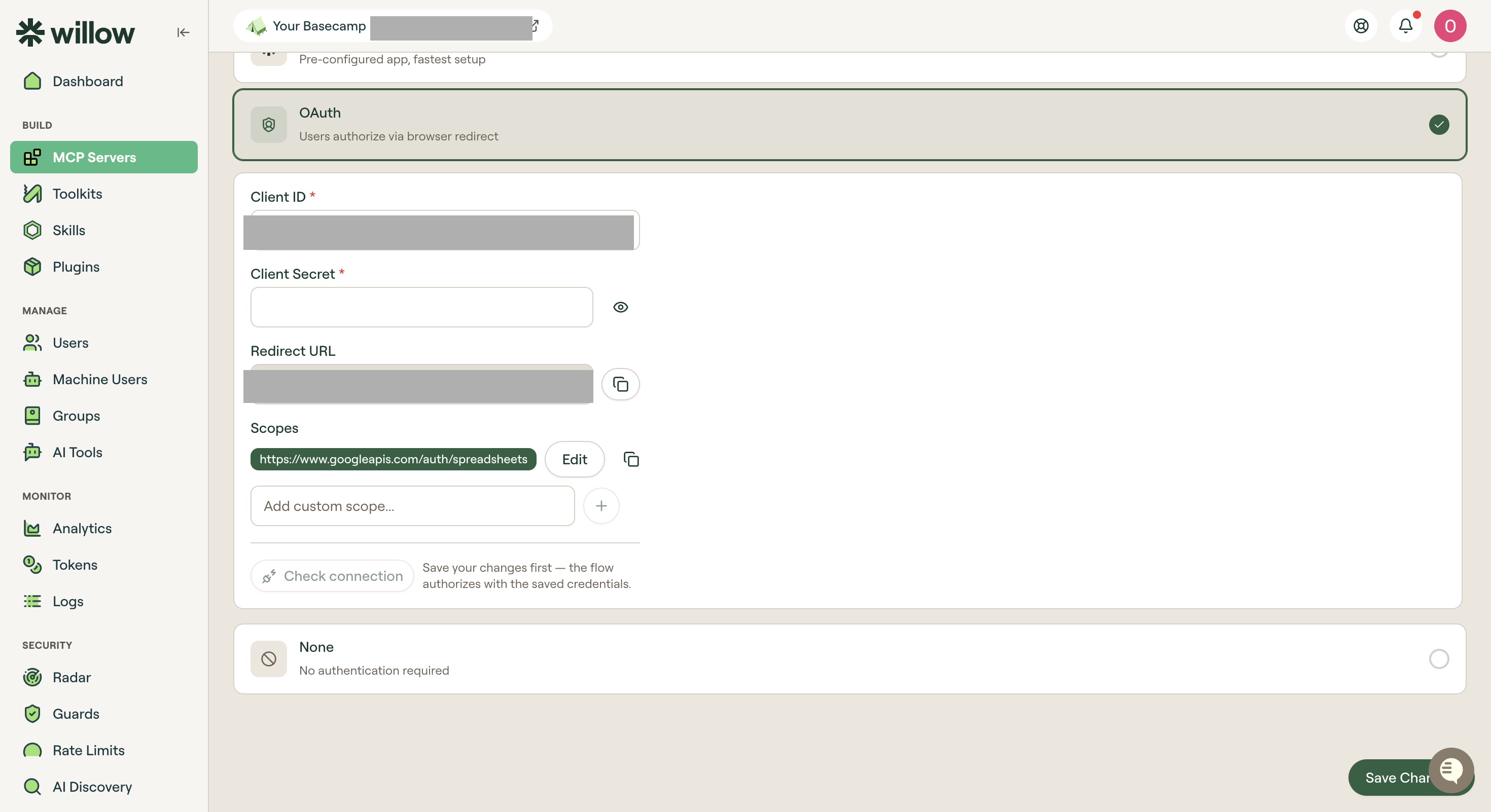 Google Sheets OAuth fields in Willow with the spreadsheets scope selected
