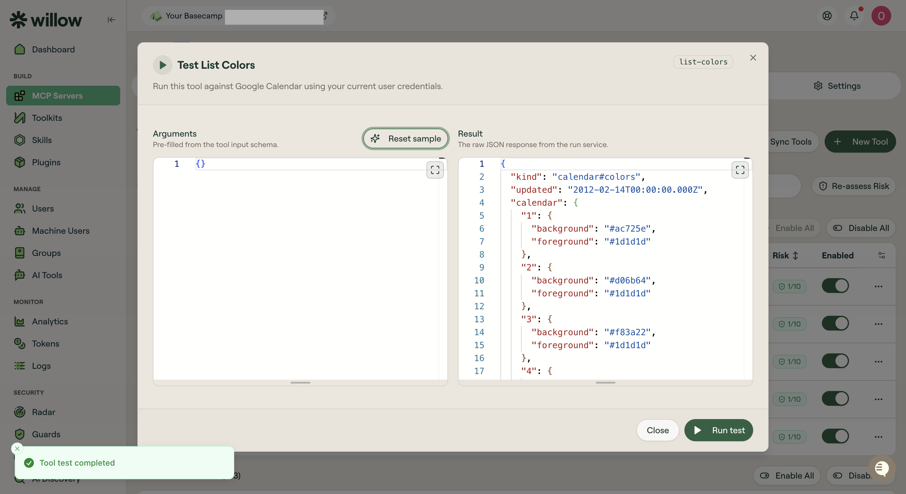 Google Calendar List Colors test in Willow returning calendar color data as JSON