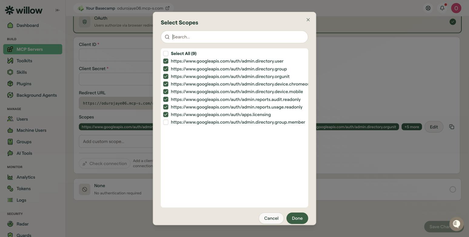 Willow Select Scopes dialog for Google Workspace Admin with eight scopes selected