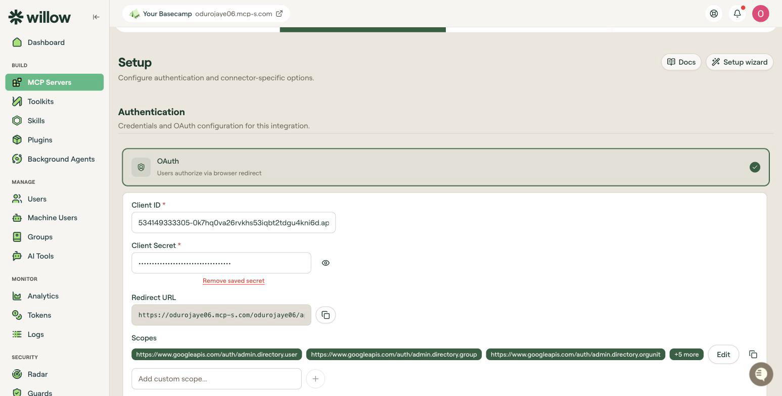Google Workspace Admin OAuth setup in Willow with Client ID, saved Client Secret, Redirect URL, and scopes
