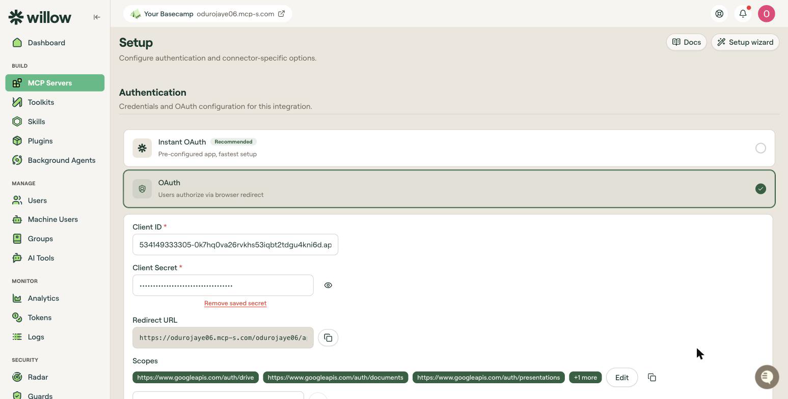 Google Workspace OAuth setup in Willow with Client ID, saved Client Secret, Redirect URL, and the default scopes