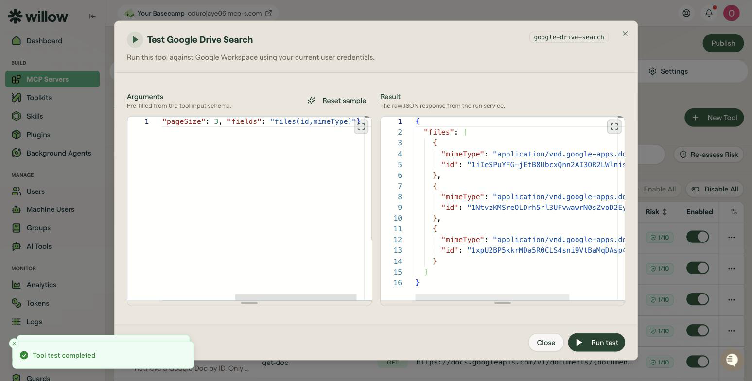 Google Drive Search test in Willow returning Drive file IDs and MIME types as JSON
