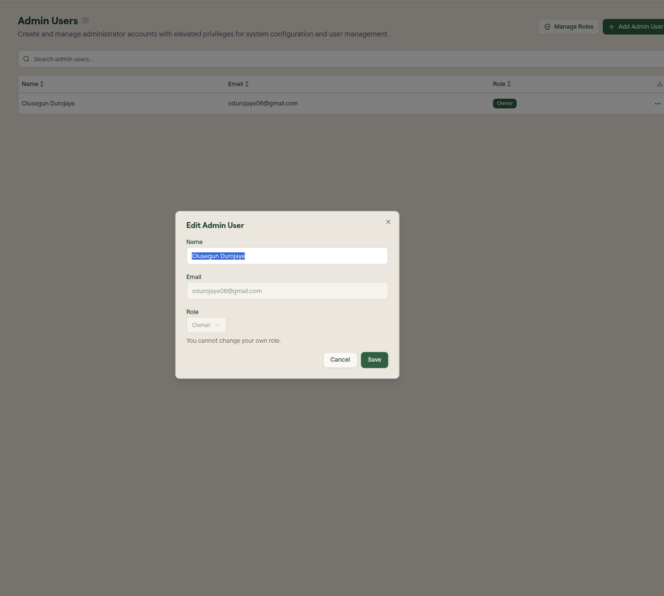 Add Admin User modal with Name and Email fields, a role dropdown, and Cancel and Add actions