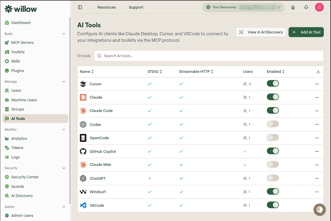 AI Tools page listing supported AI clients with transport support, user counts, and Enabled toggles