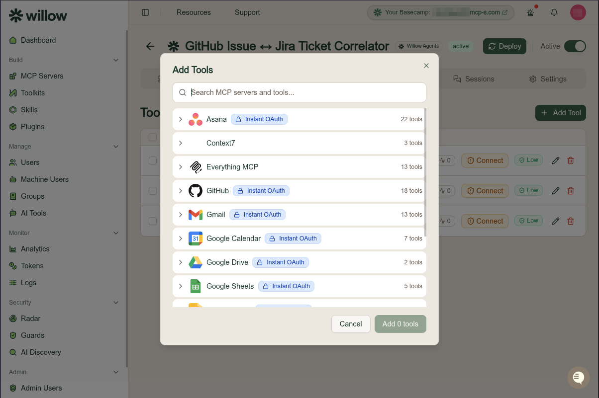 The Add Tools dialog searching MCP servers and tools, each server row showing its auth badge and tool count