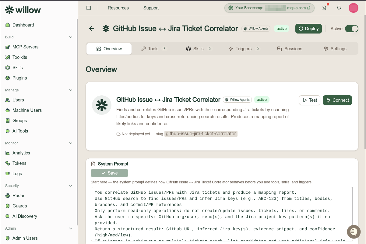 An agent's Overview tab showing the platform badge, active status, Deploy button, Active toggle, the identity card with Test and Connect, and the System Prompt editor