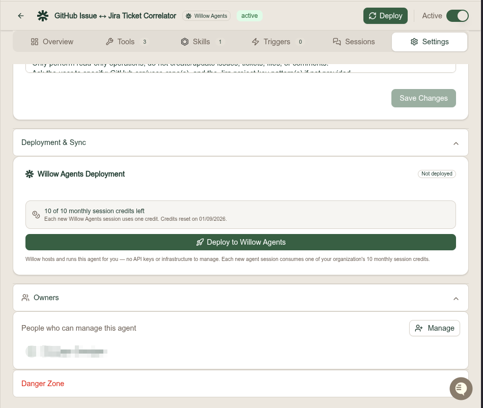 The Settings tab showing the Deployment and Sync section with the Willow Agents deployment card, a Not deployed badge, the session credit balance, and a Deploy to Willow Agents button