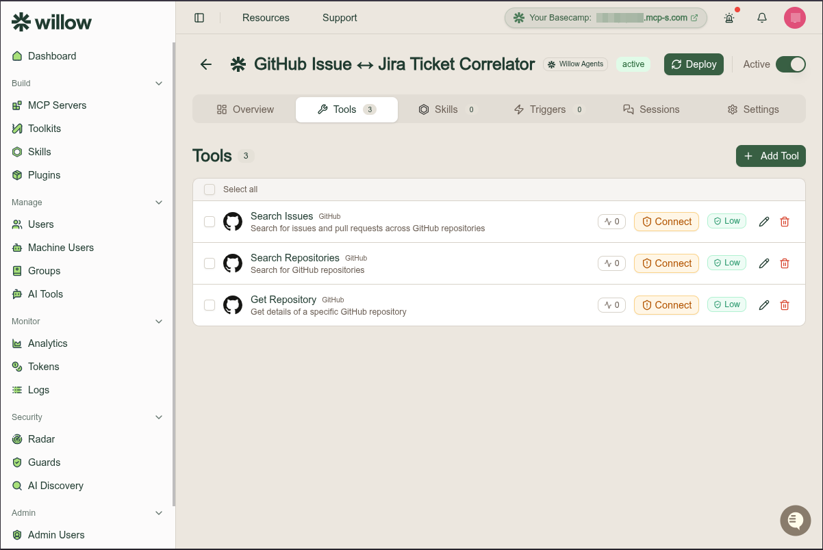 An agent's Tools tab listing three GitHub tools, each with a call count, a Connect badge, a Low risk band, and edit and delete actions