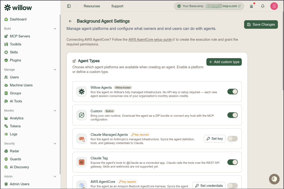 The Agent Types card in Background Agent Settings, listing Willow Agents, Custom, Claude Managed Agents, Claude Tag, and AWS AgentCore with enable toggles and Set key actions