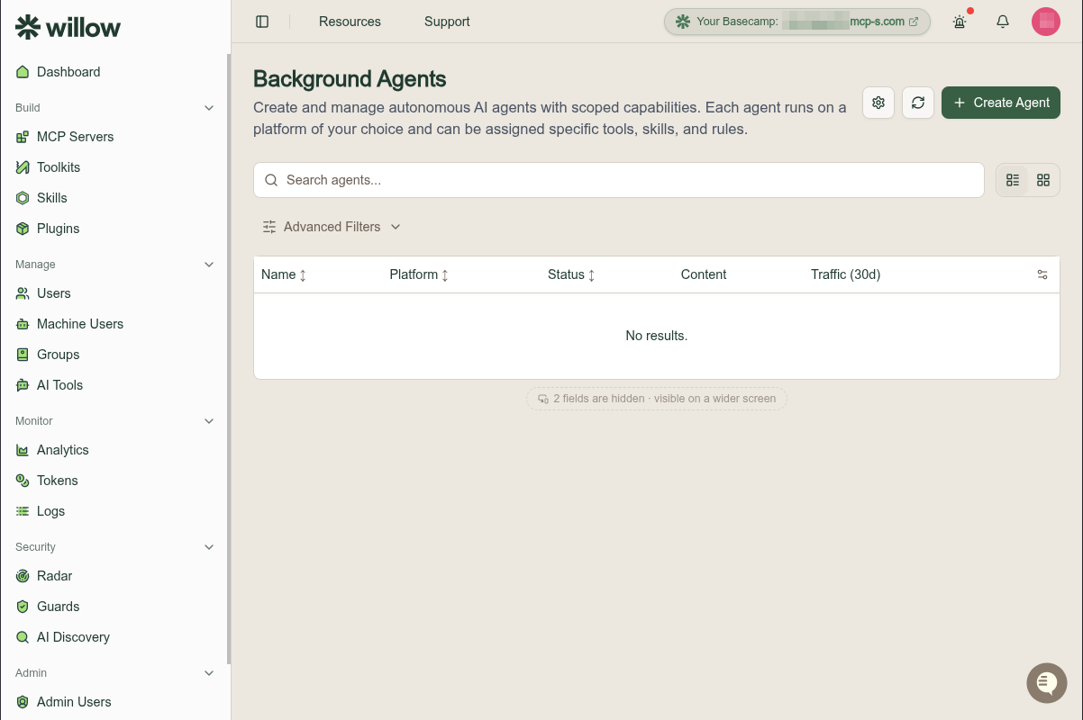 The Background Agents list page with a settings gear, refresh, and Create Agent in the header, a search field, Advanced Filters, and columns for Name, Platform, Status, Content, and Traffic