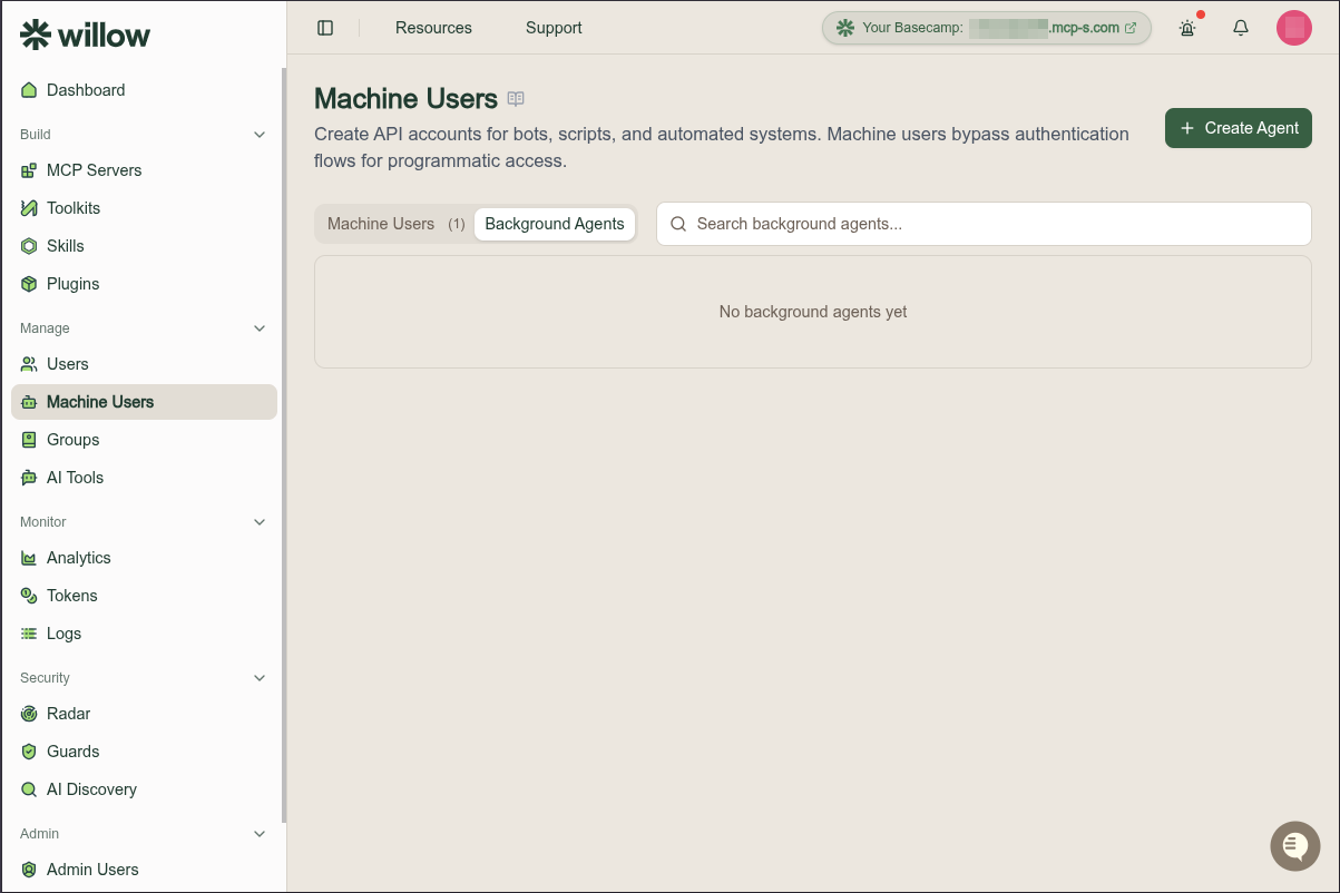 The Machine Users page with the Background Agents tab selected, showing the agent list and a Create Agent button
