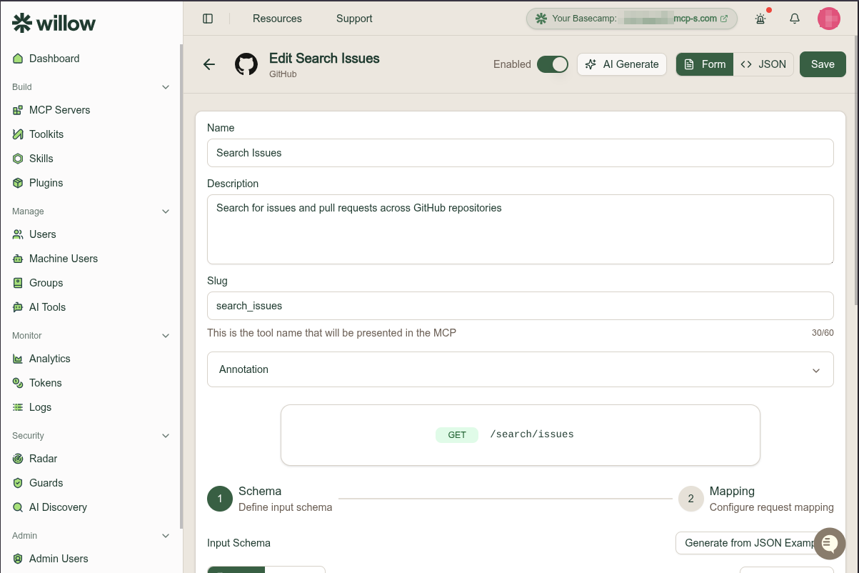 The tool editor Form view with Name, Description, Slug, Annotation, the HTTP method and path, and the Schema to Mapping steps