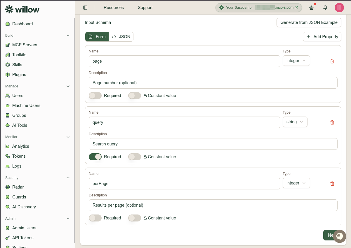 The input schema builder listing properties with name, type, description, Required, and Constant value toggles, plus Add Property and Generate from JSON Example