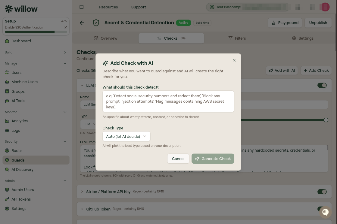 Add Check with AI modal with a description field, a Check Type dropdown set to Auto (let AI decide), and a Generate Check button
