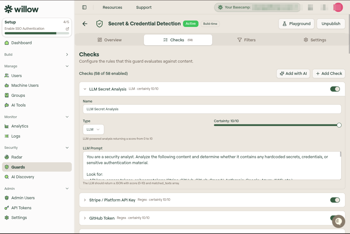 Guard editor Checks tab showing the LLM Secret Analysis check expanded with Name, Type, Certainty, and LLM Prompt fields, and further checks collapsed below