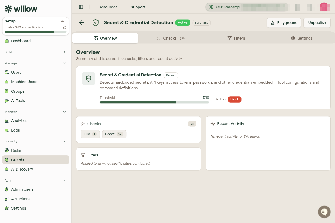Guard editor Overview tab for Secret & Credential Detection, showing a summary card with threshold and action, a Checks card, a Filters card, and a Recent Activity card