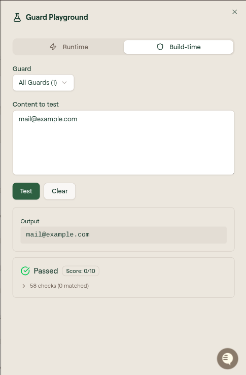 Guard Playground on the Build-time tab showing a Passed result with Score 0/10 and 58 checks, 0 matched
