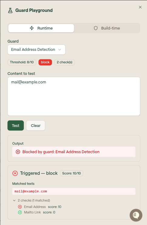 Guard Playground result showing Blocked by guard: Email Address Detection, a Triggered block with Score 10/10, matched text, and a per-check breakdown