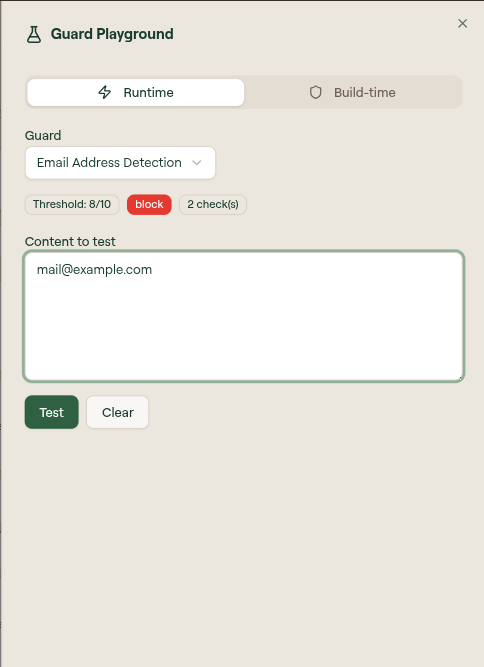 Guard Playground with Email Address Detection selected, showing Threshold 8/10, block, and 2 checks badges above the content field