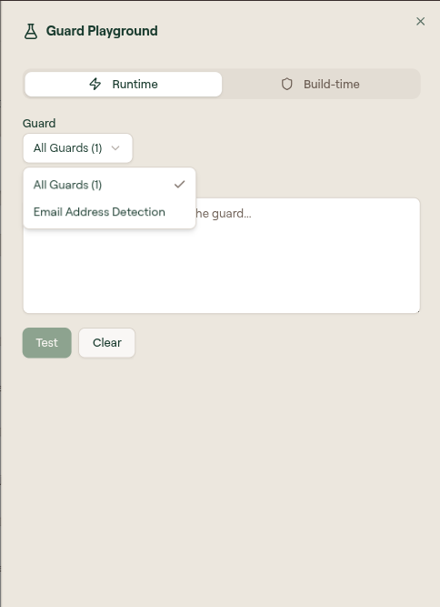 Guard Playground panel with the Runtime tab selected and the Guard dropdown open showing All Guards and Email Address Detection