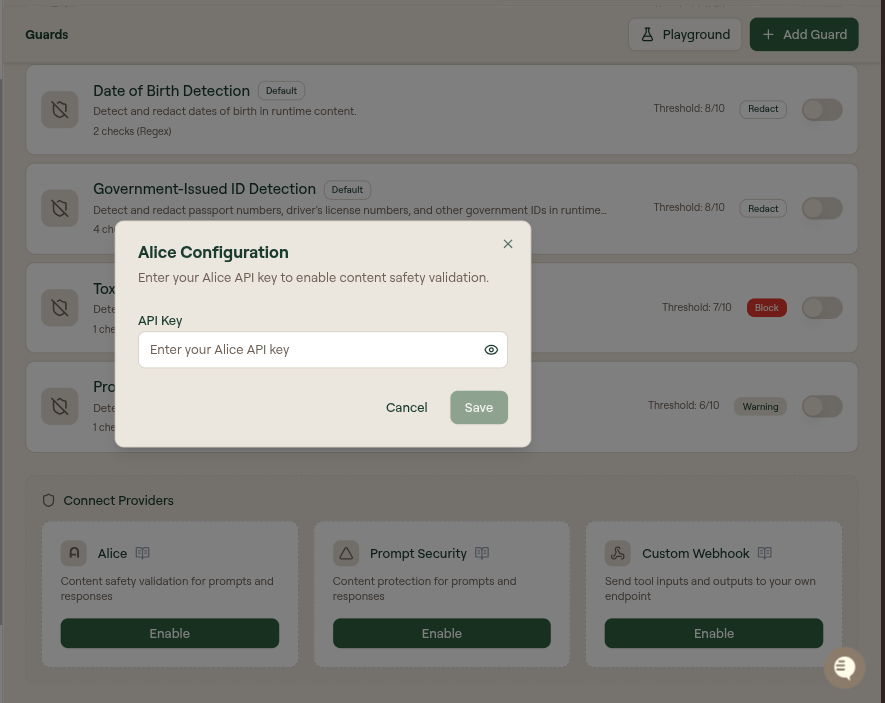 Alice Configuration modal with an API Key field and Save button