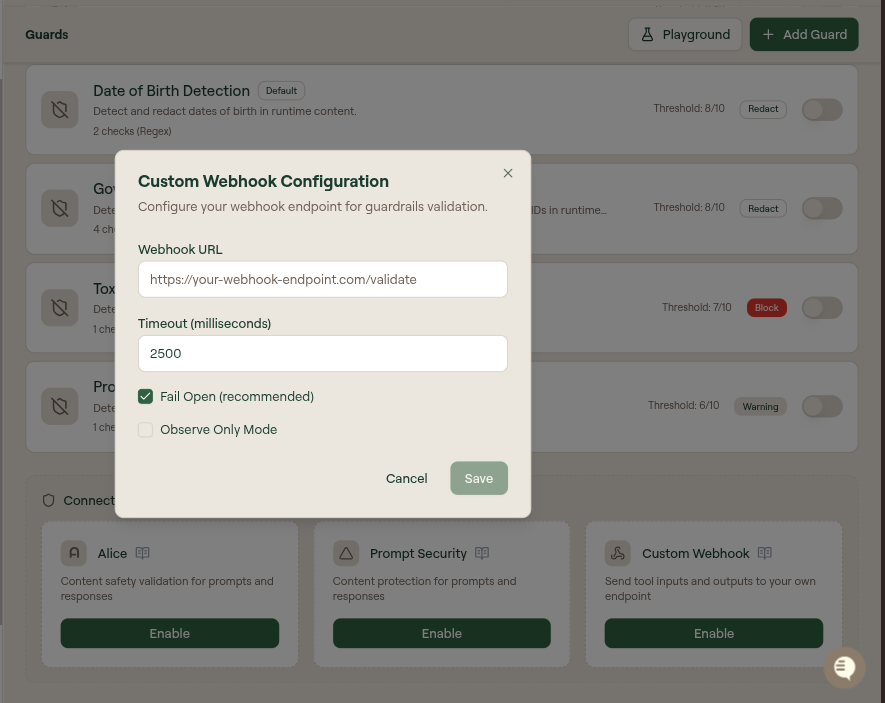 Custom Webhook Configuration modal with Webhook URL, Timeout, Fail Open, and Observe Only Mode fields