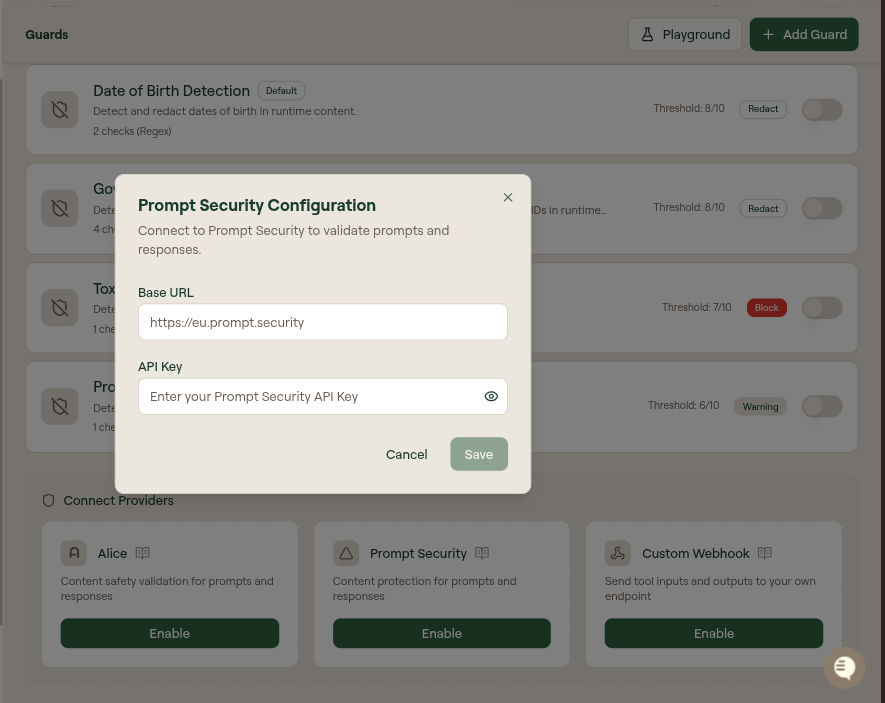Prompt Security Configuration modal with Base URL and API Key fields