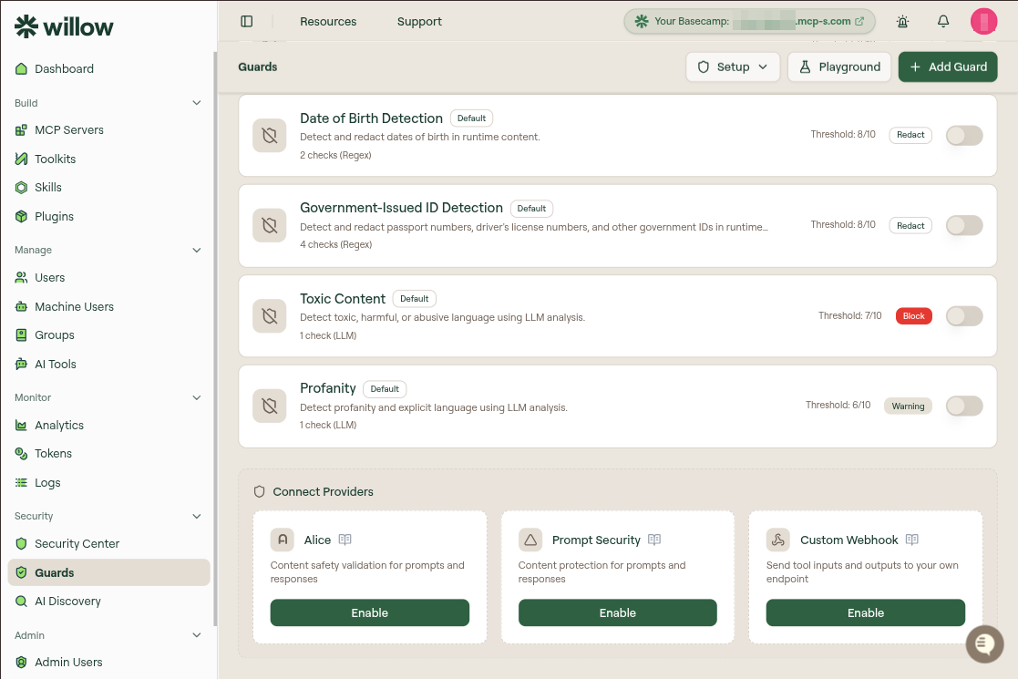 The Connect Providers section at the bottom of the Guards page, with Alice, Prompt Security, and Custom Webhook cards