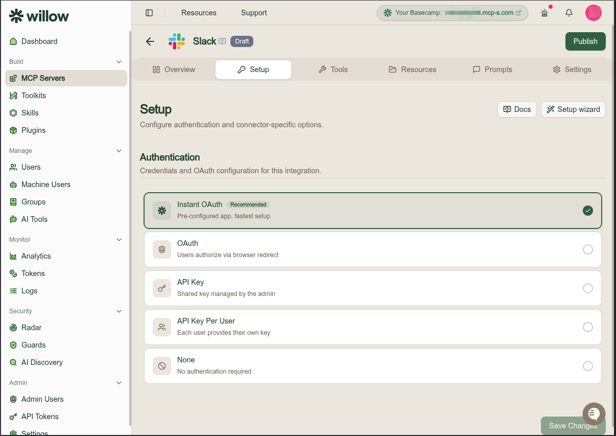 Setup tab for a Willow connector, showing Instant OAuth selected and marked Recommended, with OAuth, API Key, API Key Per User, and None options below, plus Docs and Setup wizard buttons